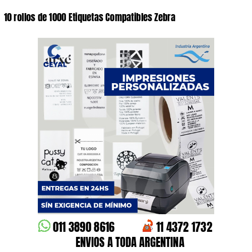 10 rollos de 1000 Etiquetas Compatibles Zebra 