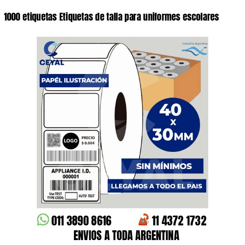 1000 etiquetas Etiquetas de talla para uniformes escolares