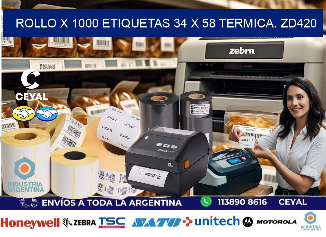 Rollo X 1000 etiquetas 34 x 58 termica. zd420