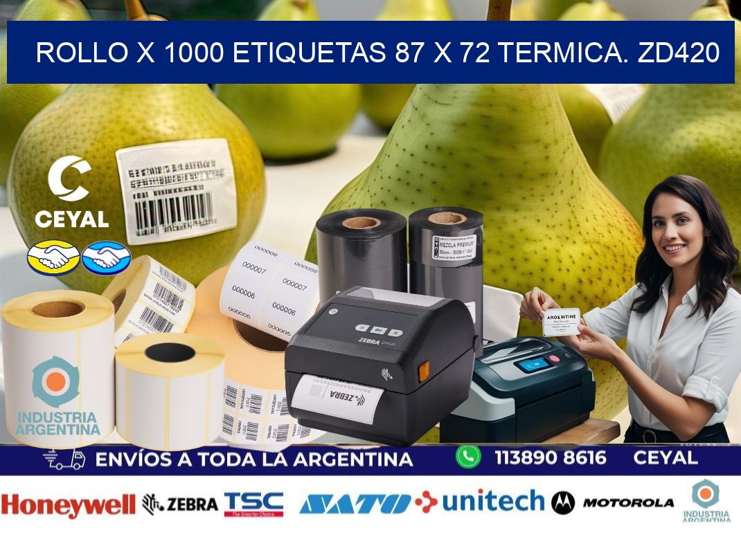 Rollo X 1000 etiquetas 87 x 72 termica. zd420