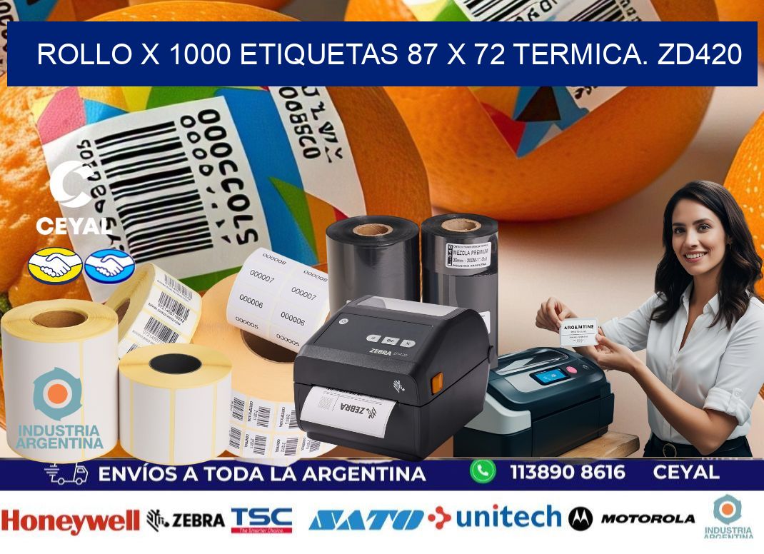 Rollo X 1000 etiquetas 87 x 72 termica. zd420