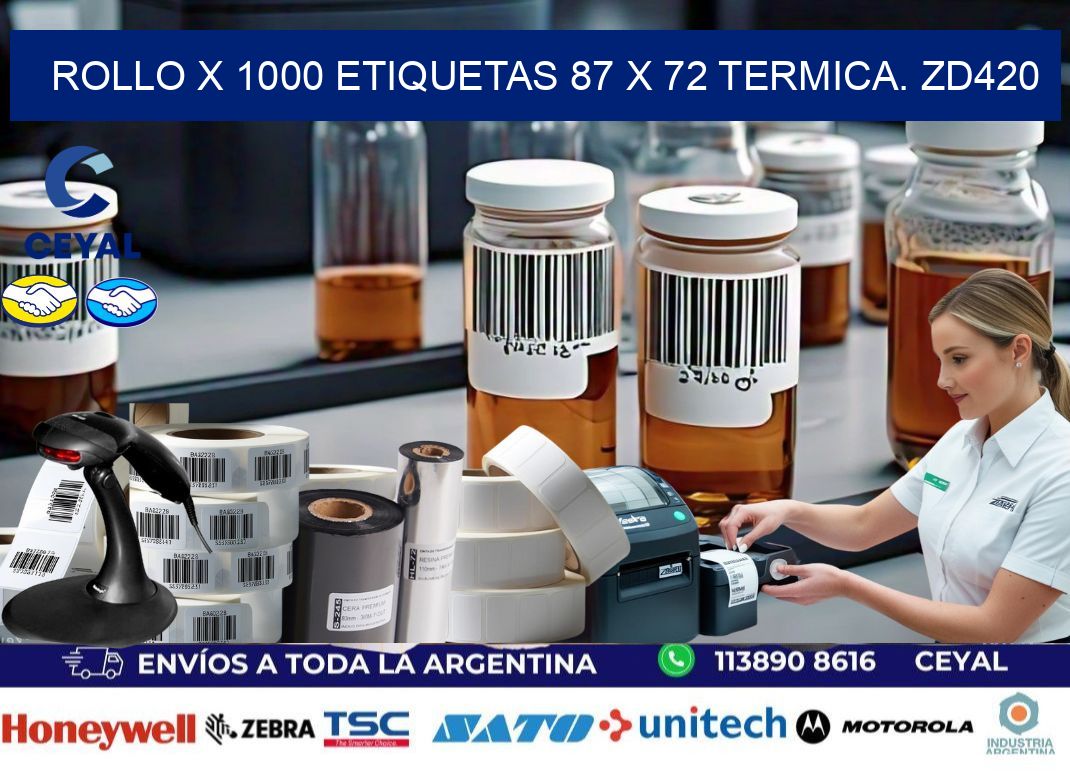 Rollo X 1000 etiquetas 87 x 72 termica. zd420