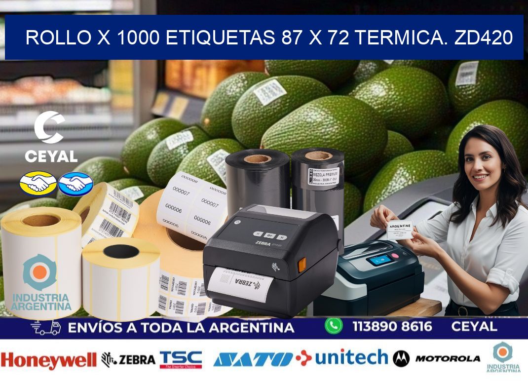 Rollo X 1000 etiquetas 87 x 72 termica. zd420