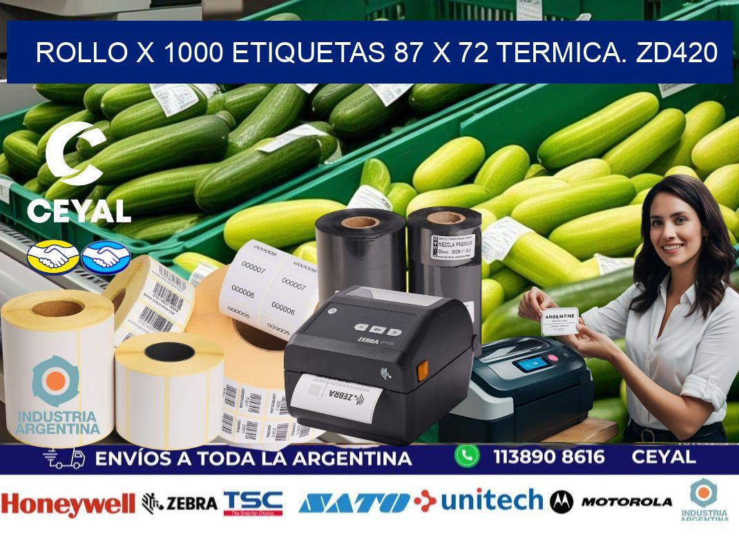Rollo X 1000 etiquetas 87 x 72 termica. zd420