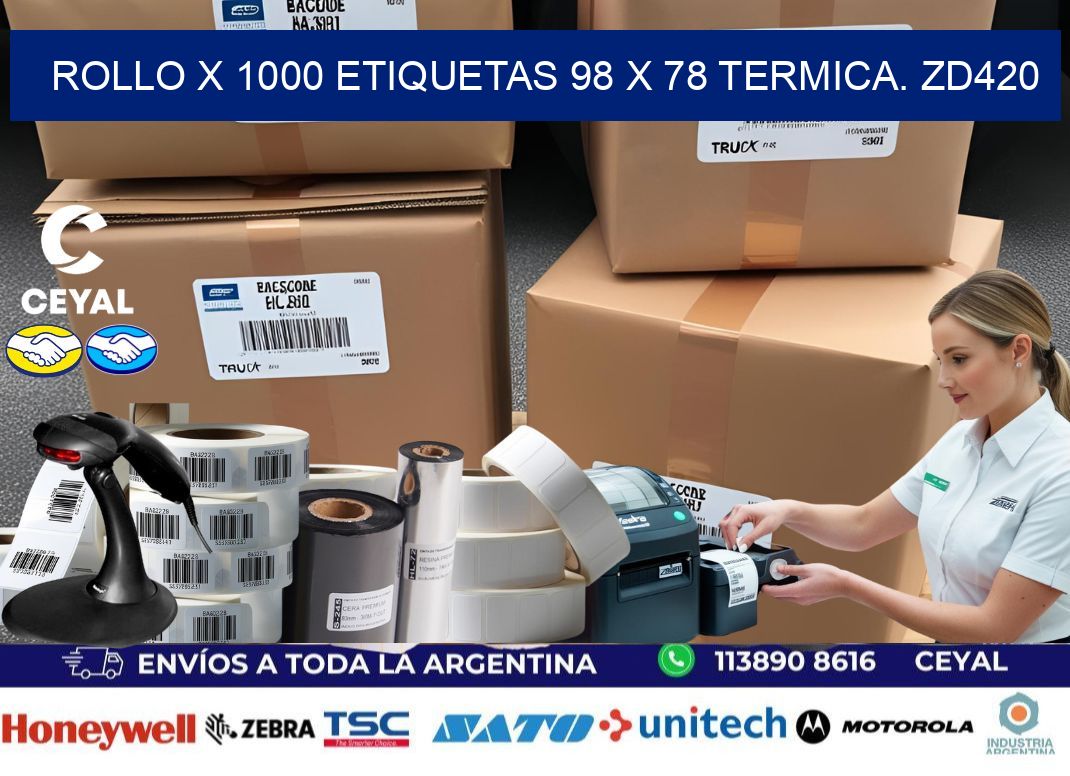 Rollo X 1000 etiquetas 98 x 78 termica. zd420