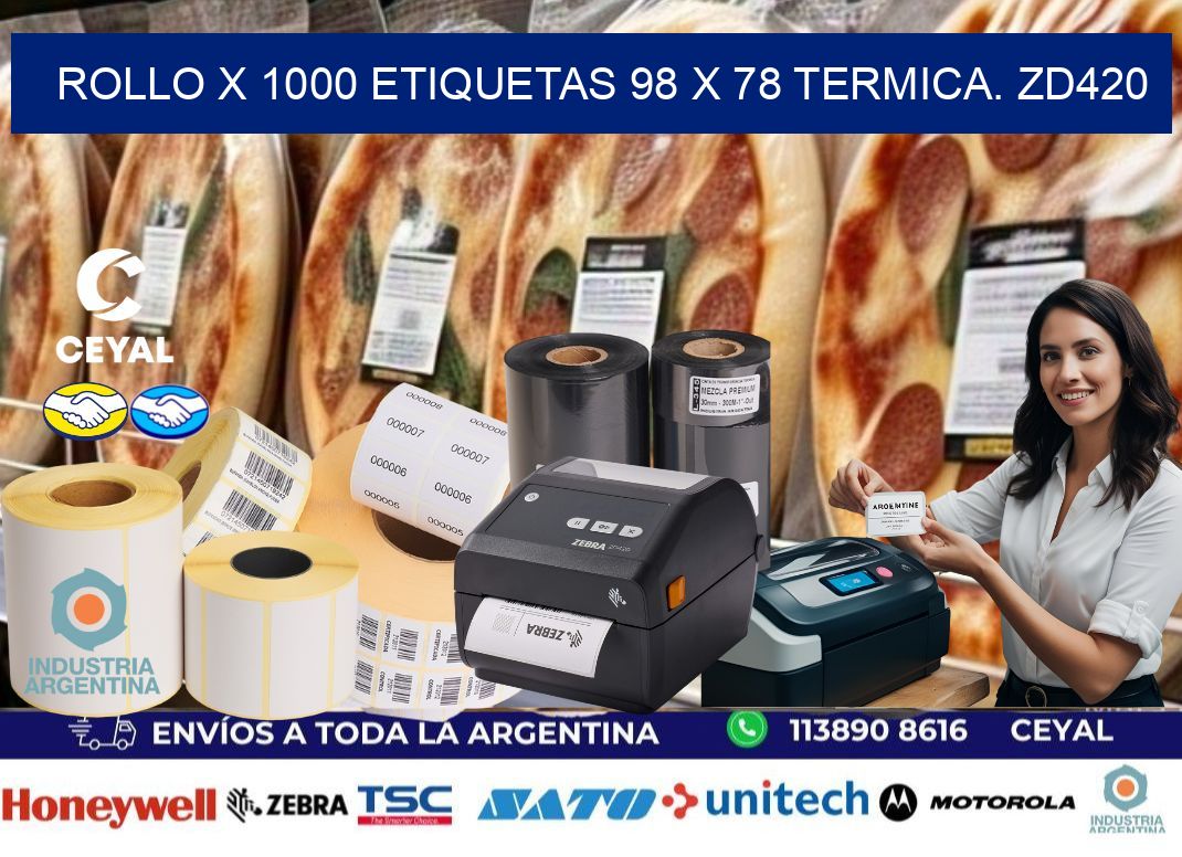 Rollo X 1000 etiquetas 98 x 78 termica. zd420
