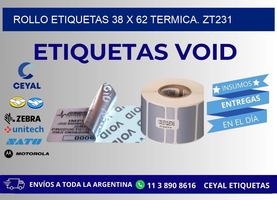 Rollo etiquetas 38 x 62 termica. zt231