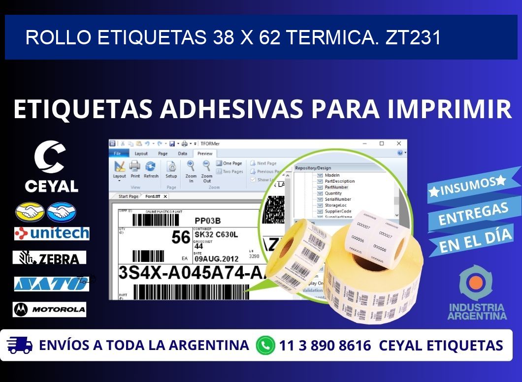 Rollo etiquetas 38 x 62 termica. zt231