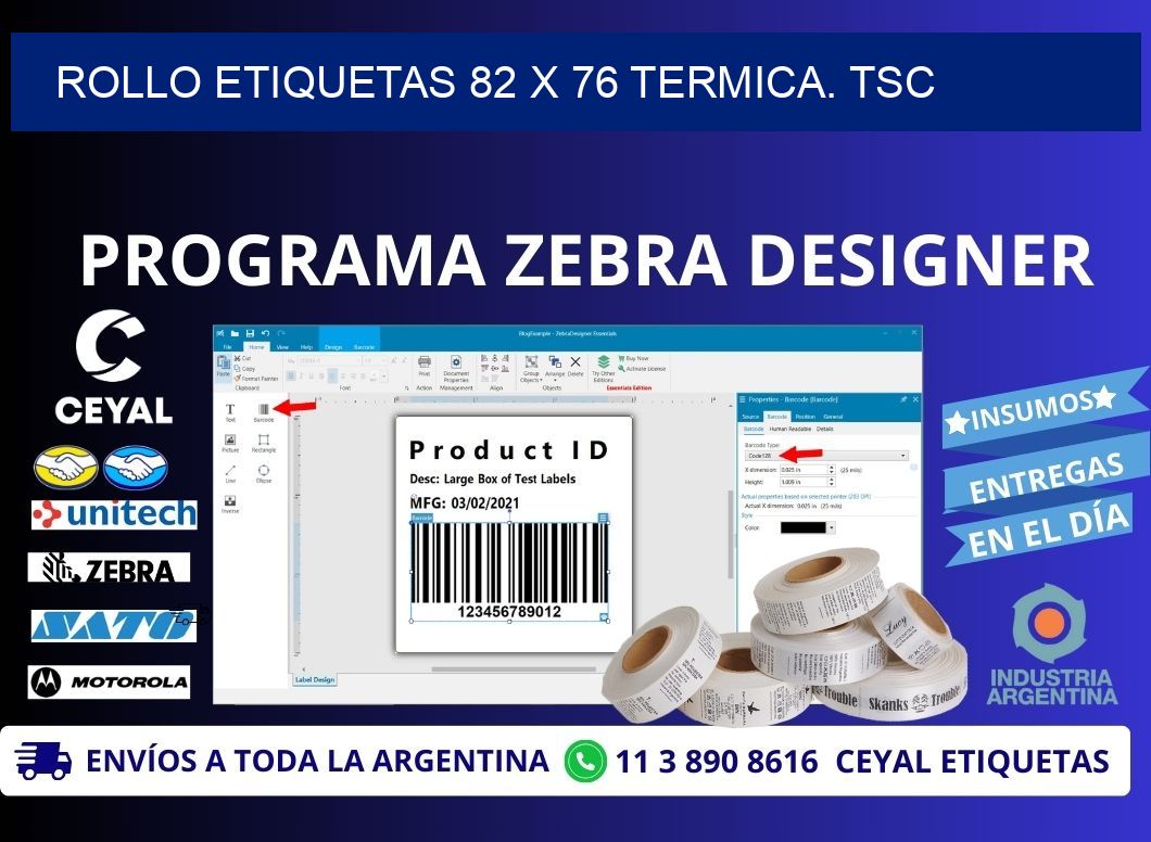 Rollo etiquetas 82 x 76 termica. tsc