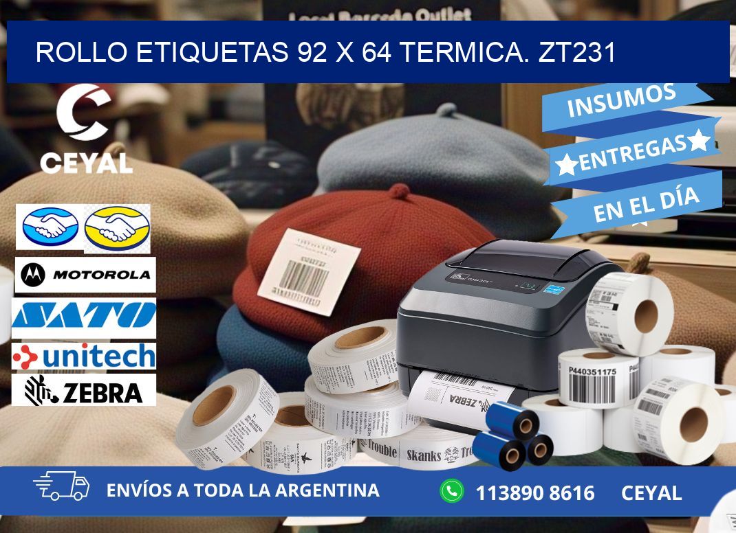 Rollo etiquetas 92 x 64 termica. zt231