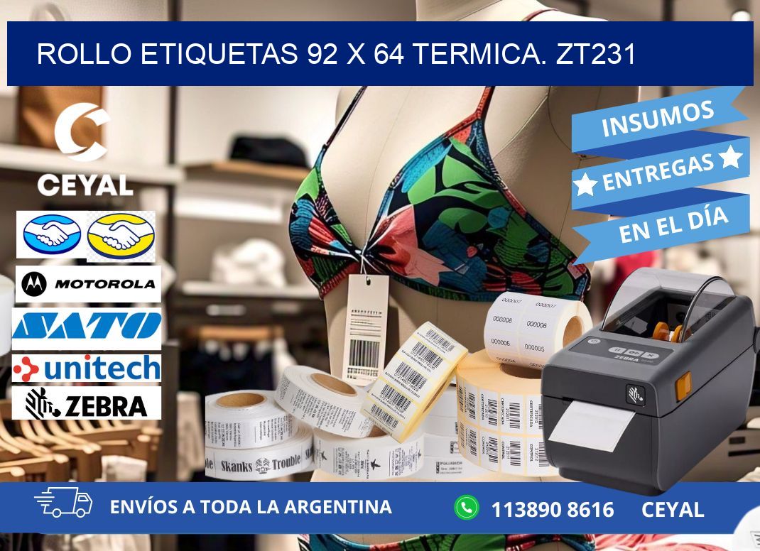 Rollo etiquetas 92 x 64 termica. zt231