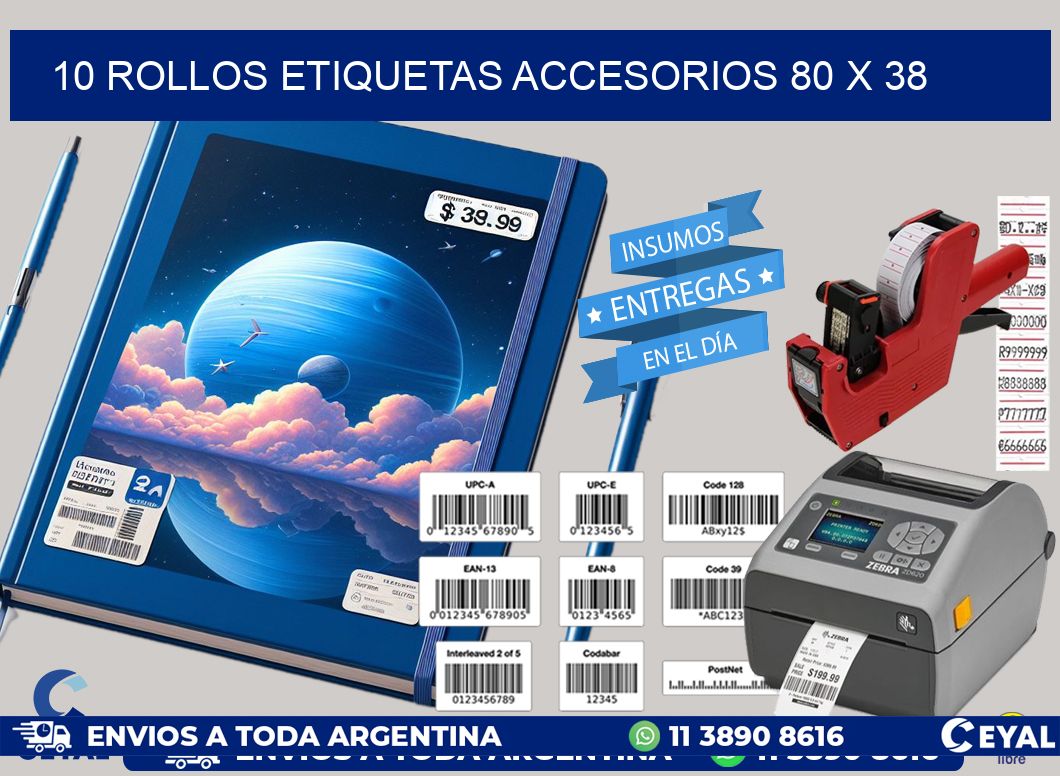 10 ROLLOS ETIQUETAS ACCESORIOS 80 x 38