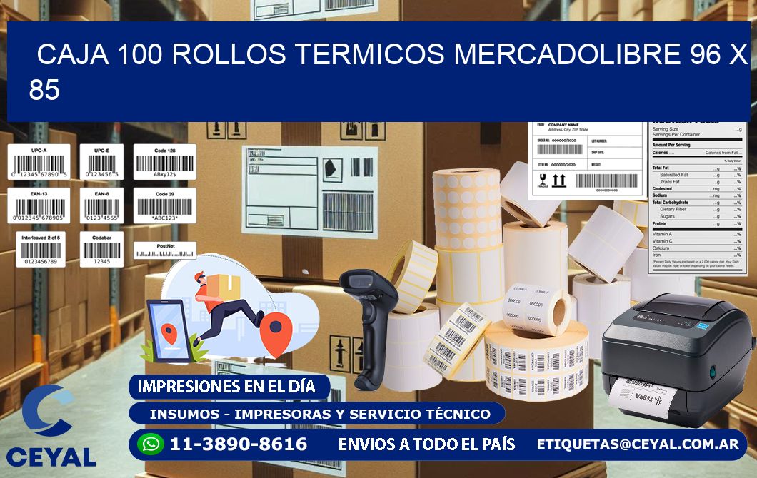 CAJA 100 ROLLOS TERMICOS MERCADOLIBRE 96 x 85