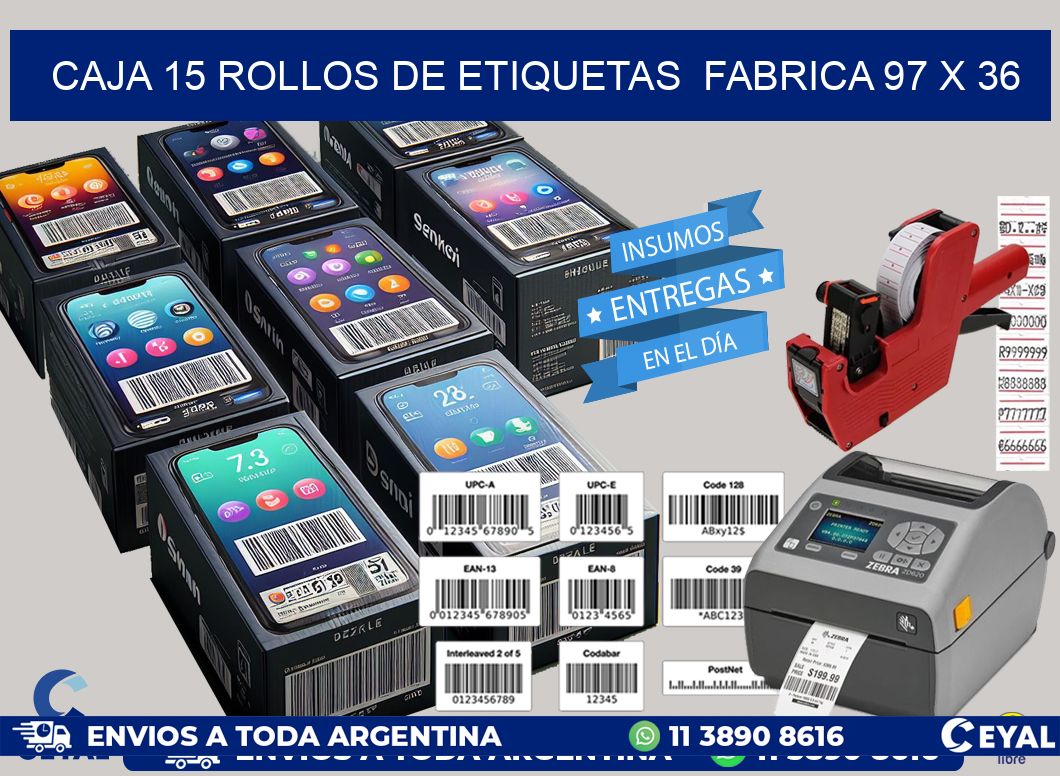CAJA 15 ROLLOS DE ETIQUETAS  FABRICA 97 x 36