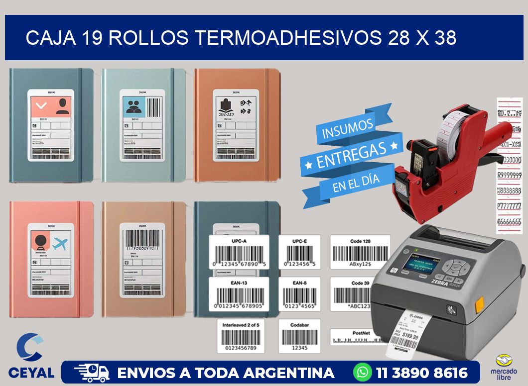 CAJA 19 ROLLOS TERMOADHESIVOS 28 x 38