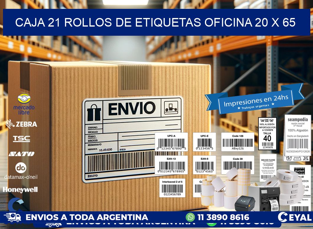CAJA 21 ROLLOS DE ETIQUETAS OFICINA 20 x 65