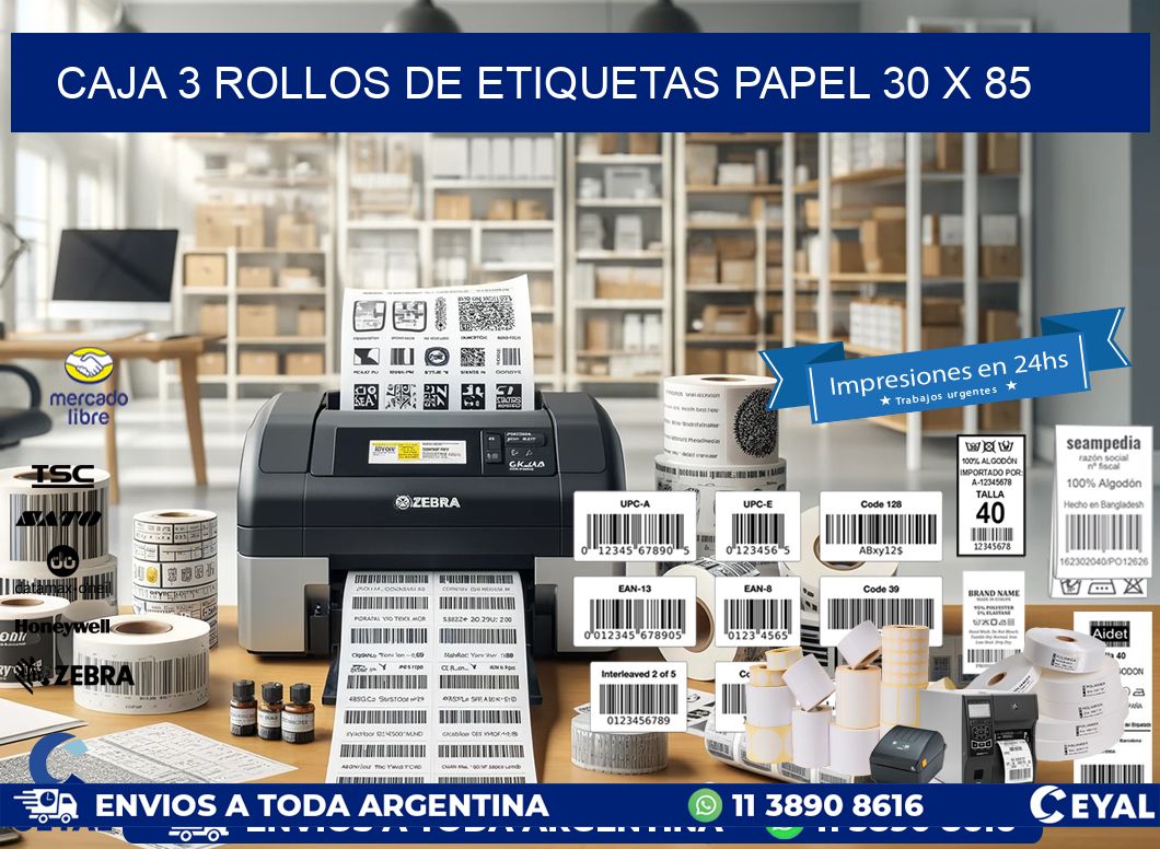 CAJA 3 ROLLOS DE ETIQUETAS PAPEL 30 x 85