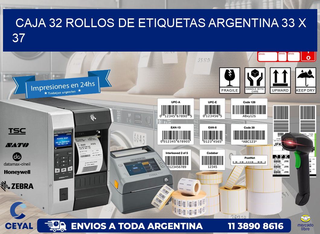 CAJA 32 ROLLOS DE ETIQUETAS ARGENTINA 33 x 37