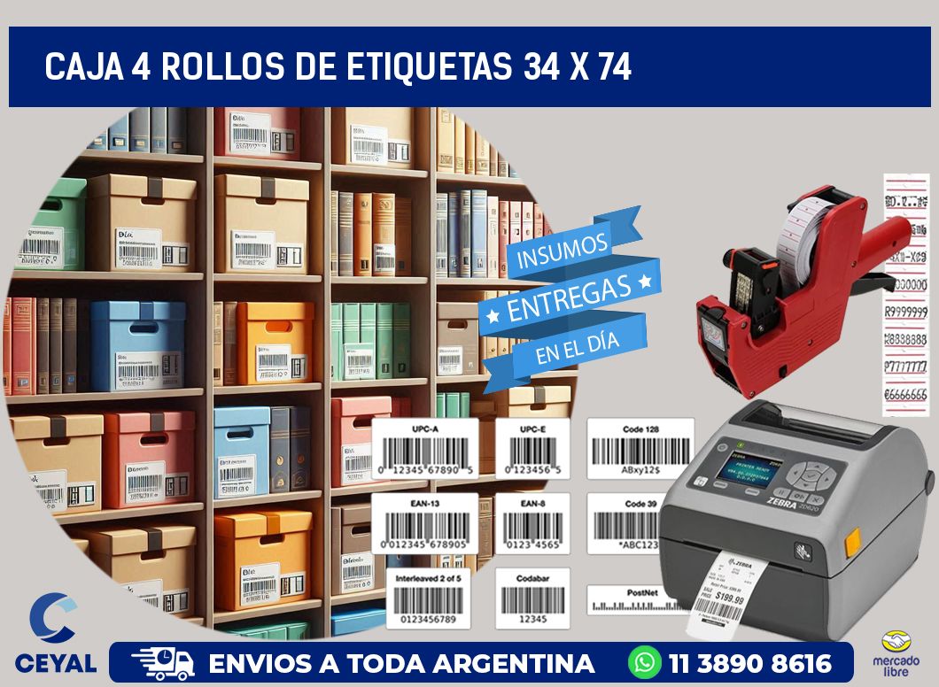 CAJA 4 ROLLOS DE ETIQUETAS 34 x 74