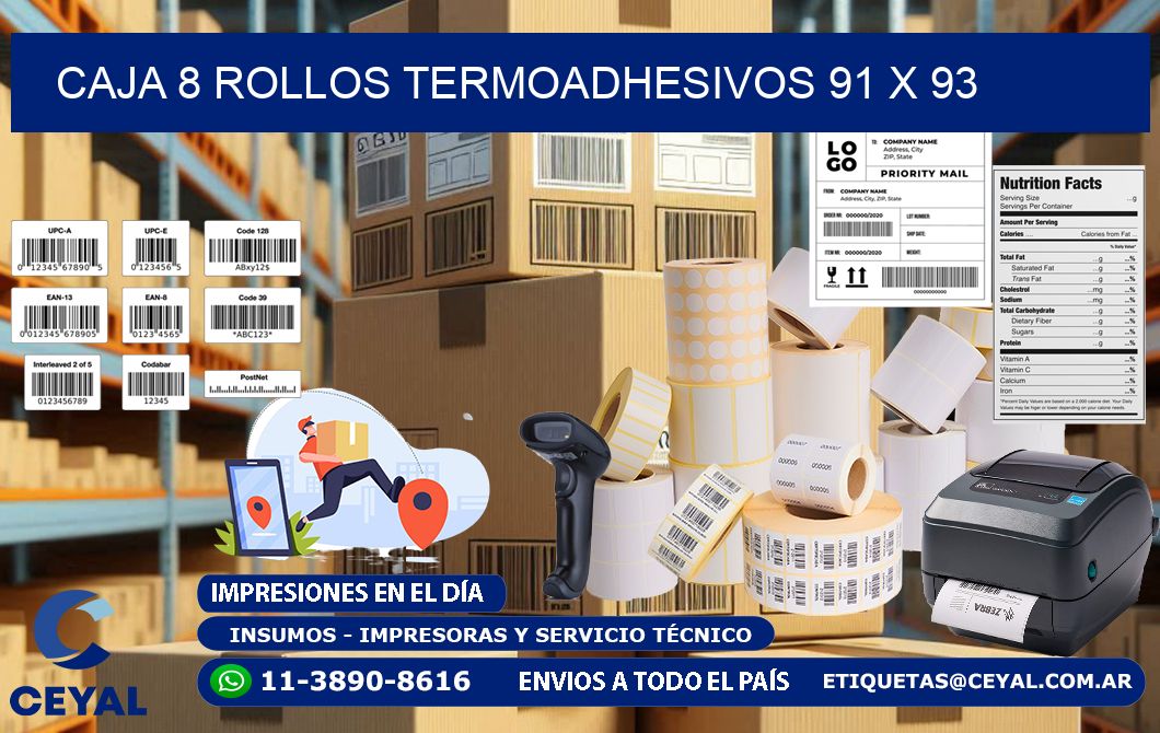 CAJA 8 ROLLOS TERMOADHESIVOS 91 x 93