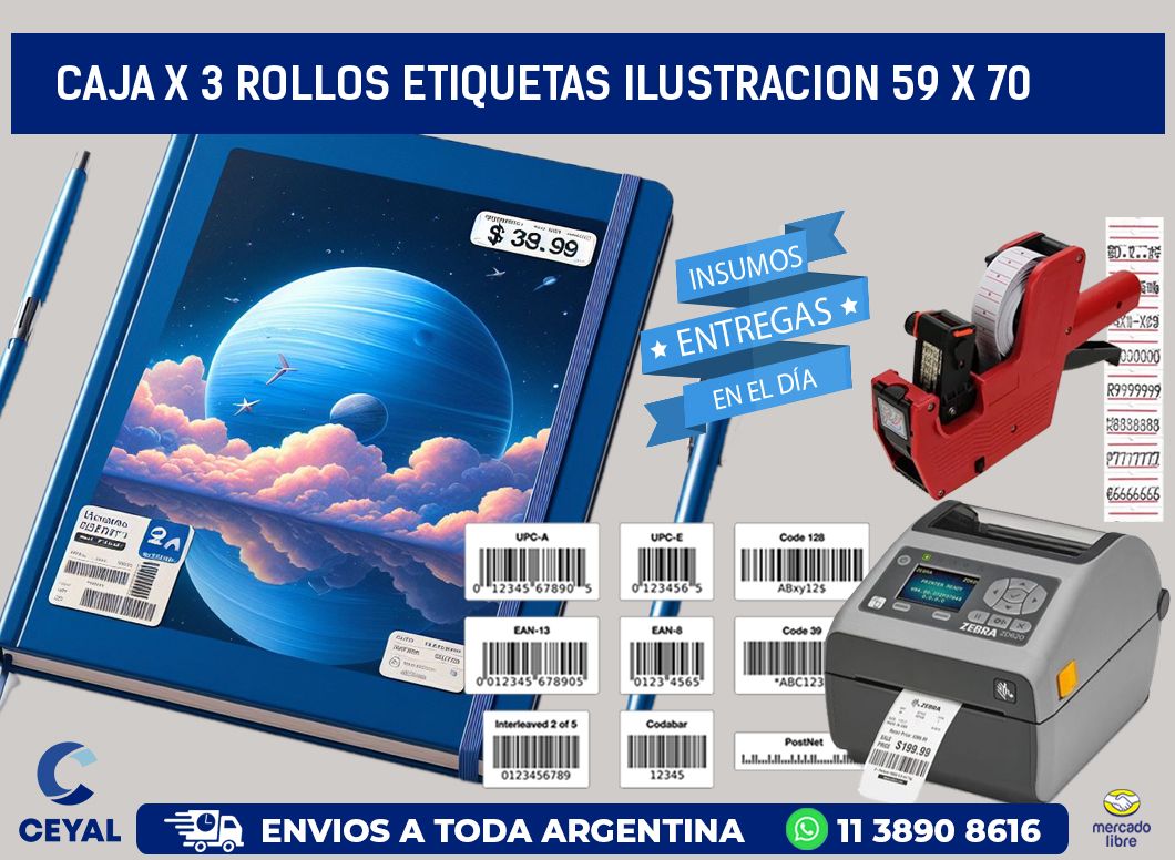 Caja X 3 Rollos Etiquetas Ilustracion 59 x 70