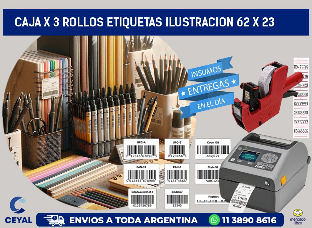 Caja X 3 Rollos Etiquetas Ilustracion 62 x 23