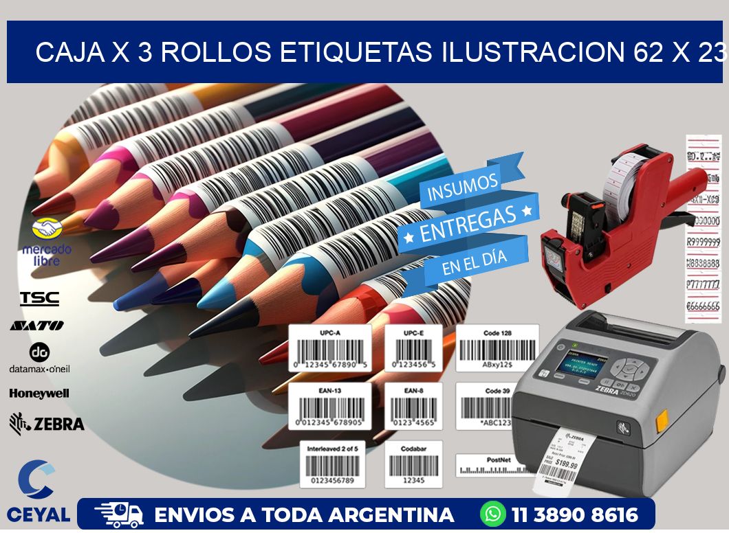 Caja X 3 Rollos Etiquetas Ilustracion 62 x 23