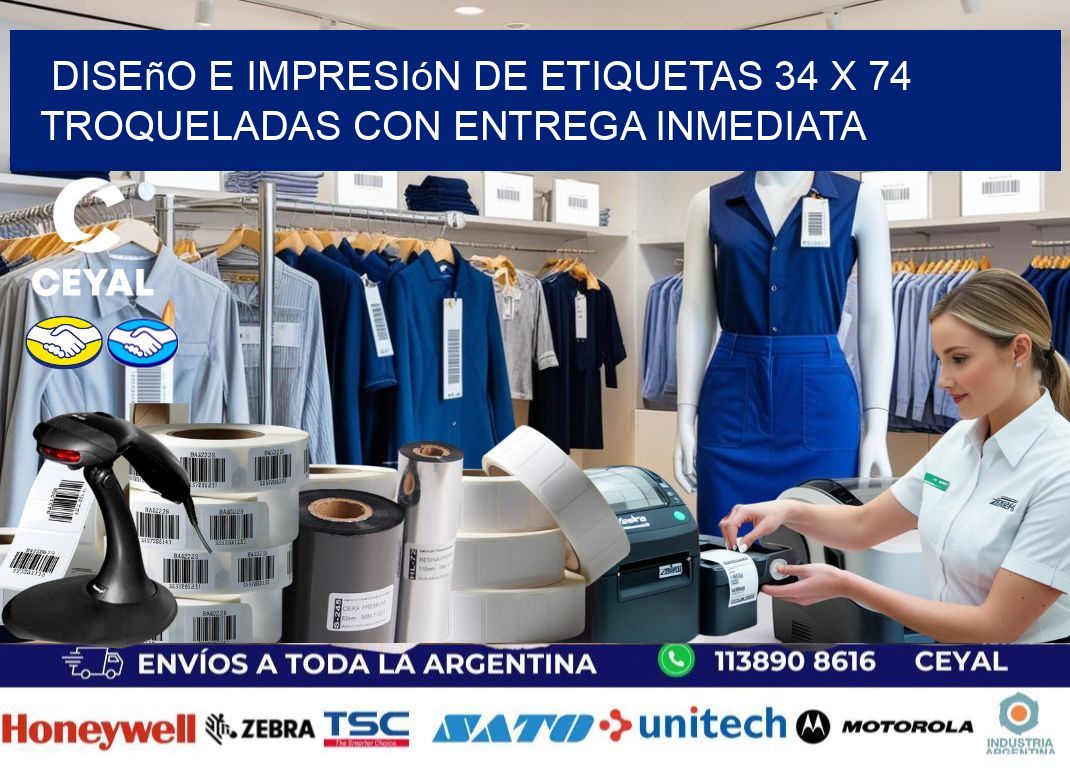 Diseño e impresión de etiquetas 34 x 74 troqueladas con entrega inmediata