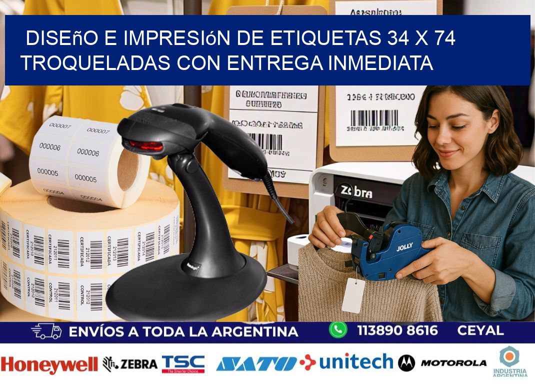Diseño e impresión de etiquetas 34 x 74 troqueladas con entrega inmediata