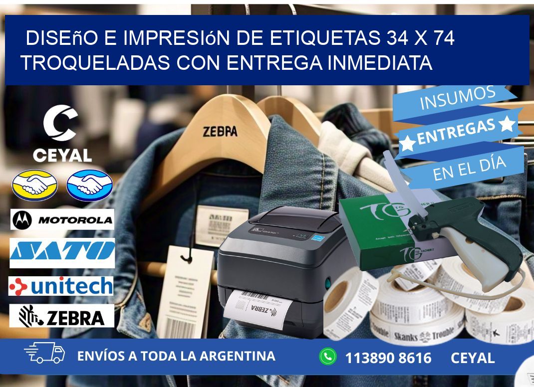 Diseño e impresión de etiquetas 34 x 74 troqueladas con entrega inmediata