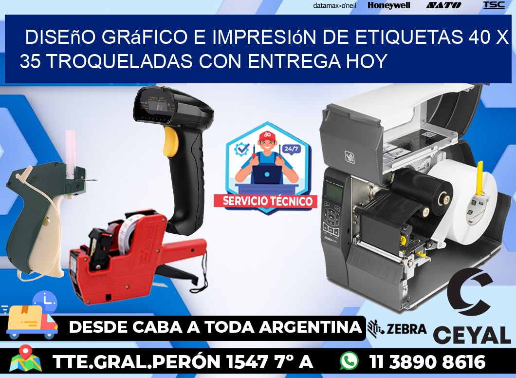 Diseño gráfico e impresión de etiquetas 40 x 35 troqueladas con entrega hoy