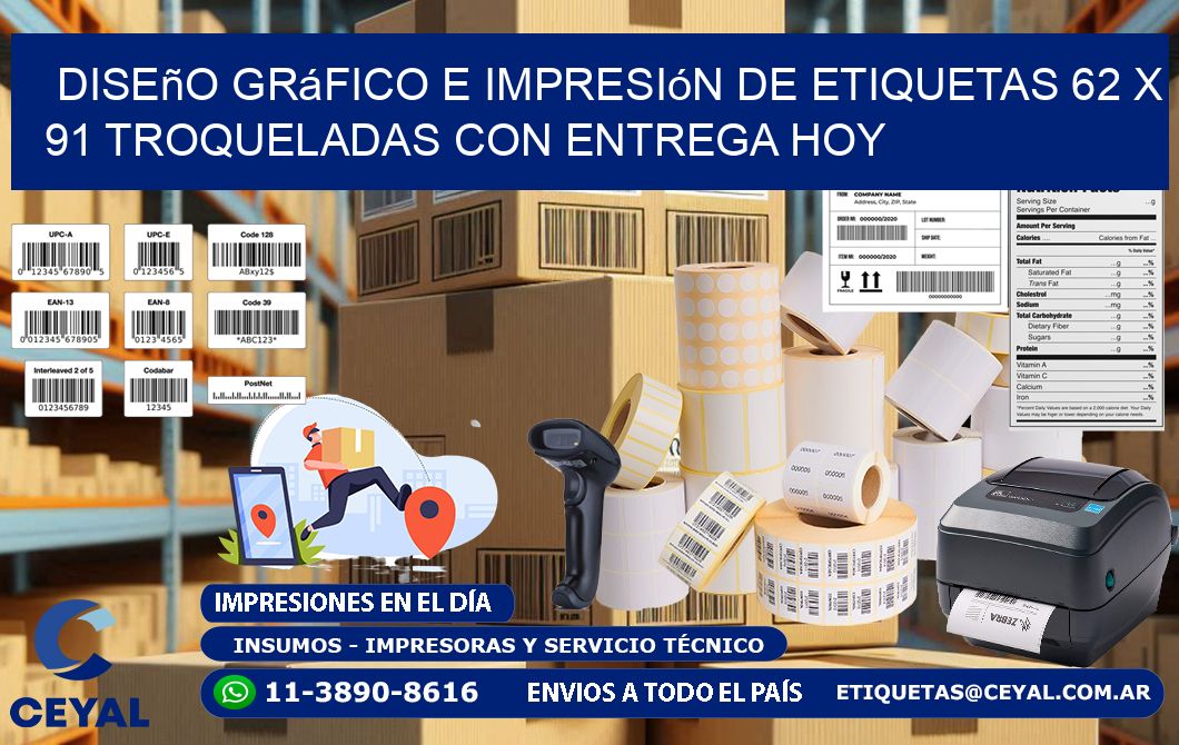 Diseño gráfico e impresión de etiquetas 62 x 91 troqueladas con entrega hoy