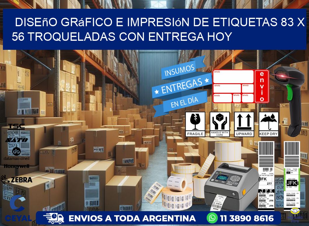 Diseño gráfico e impresión de etiquetas 83 x 56 troqueladas con entrega hoy