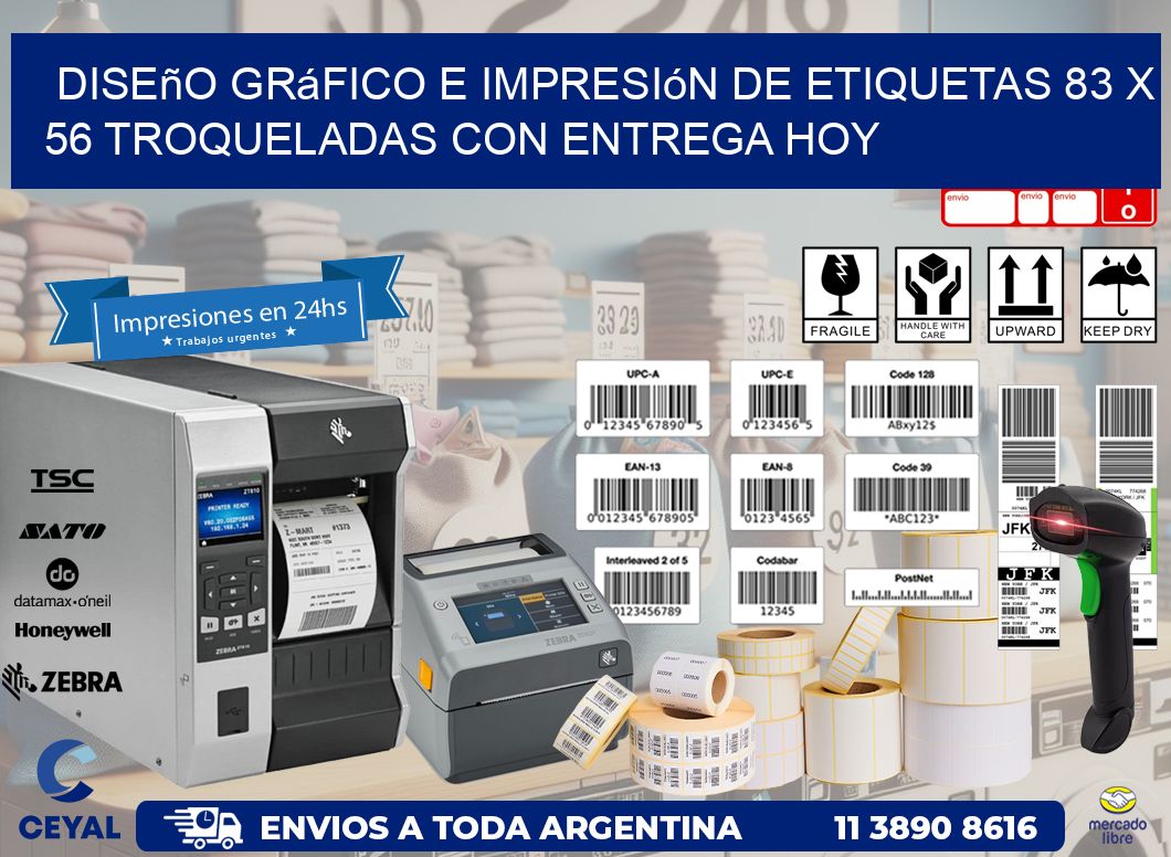 Diseño gráfico e impresión de etiquetas 83 x 56 troqueladas con entrega hoy