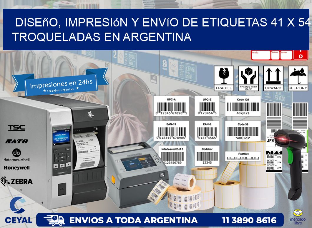 Diseño, impresión y envío de etiquetas 41 x 54 troqueladas en Argentina