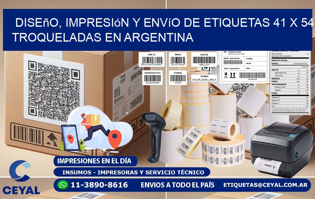 Diseño, impresión y envío de etiquetas 41 x 54 troqueladas en Argentina