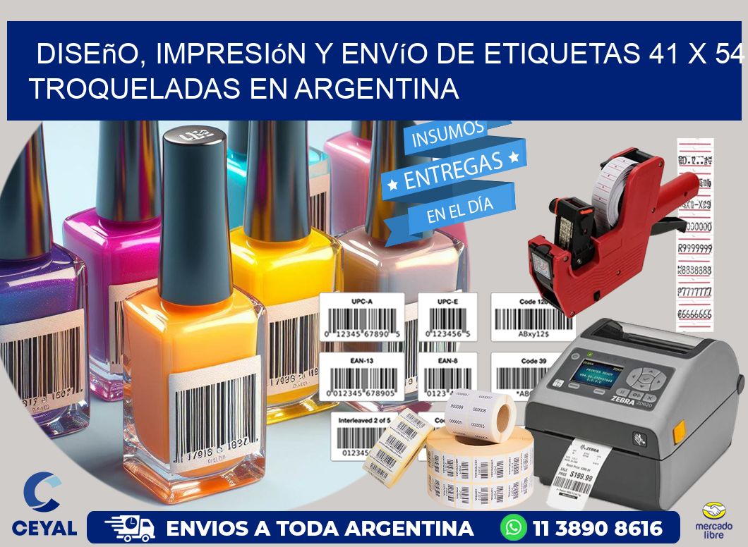 Diseño, impresión y envío de etiquetas 41 x 54 troqueladas en Argentina