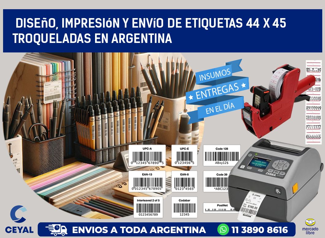 Diseño, impresión y envío de etiquetas 44 x 45 troqueladas en Argentina