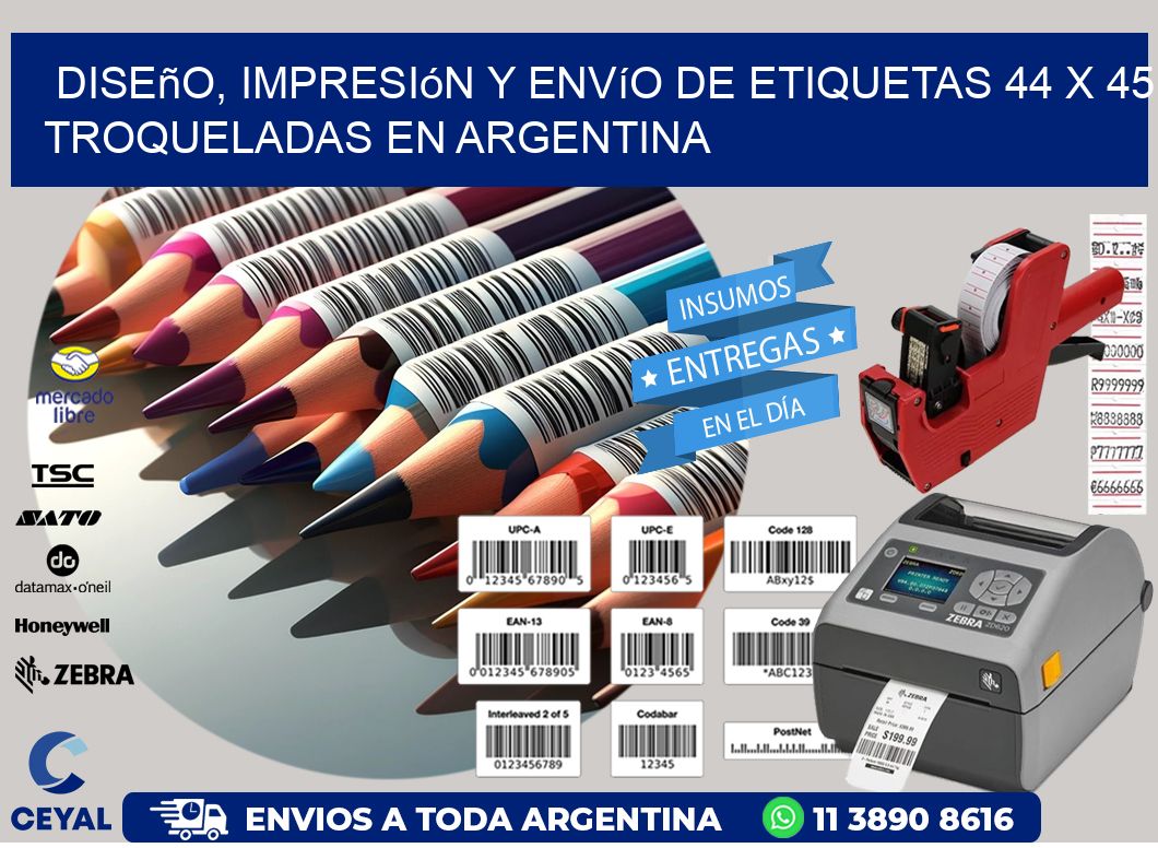 Diseño, impresión y envío de etiquetas 44 x 45 troqueladas en Argentina