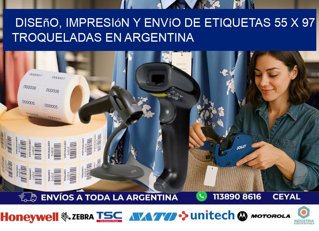 Diseño, impresión y envío de etiquetas 55 x 97 troqueladas en Argentina