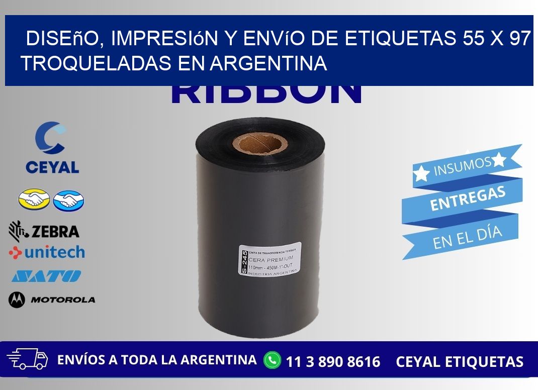 Diseño, impresión y envío de etiquetas 55 x 97 troqueladas en Argentina