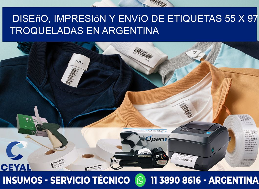 Diseño, impresión y envío de etiquetas 55 x 97 troqueladas en Argentina