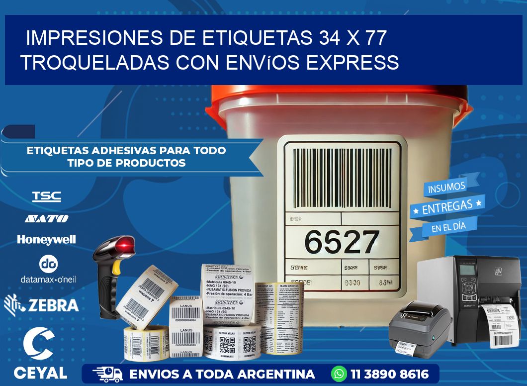 Impresiones de etiquetas 34 x 77 troqueladas con envíos express
