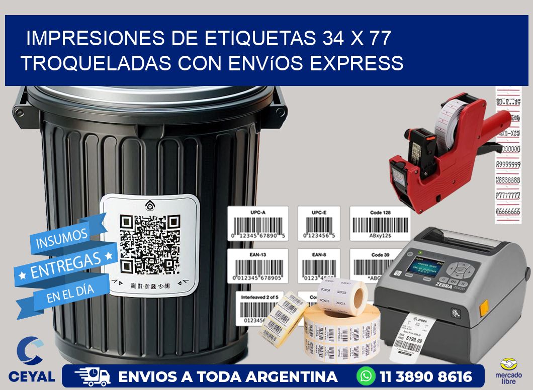 Impresiones de etiquetas 34 x 77 troqueladas con envíos express