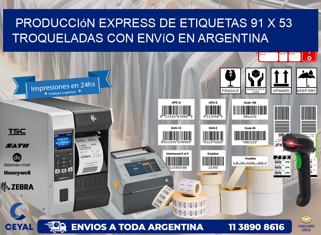 Producción express de etiquetas 91 x 53 troqueladas con envío en Argentina