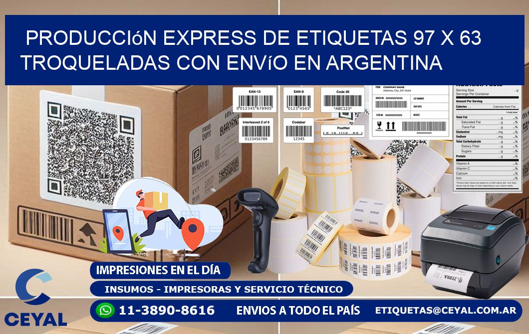 Producción express de etiquetas 97 x 63 troqueladas con envío en Argentina