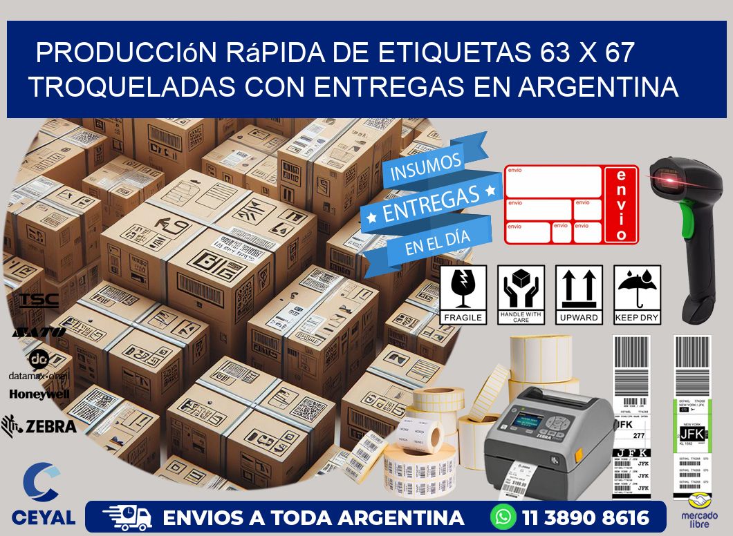 Producción rápida de etiquetas 63 x 67 troqueladas con entregas en Argentina