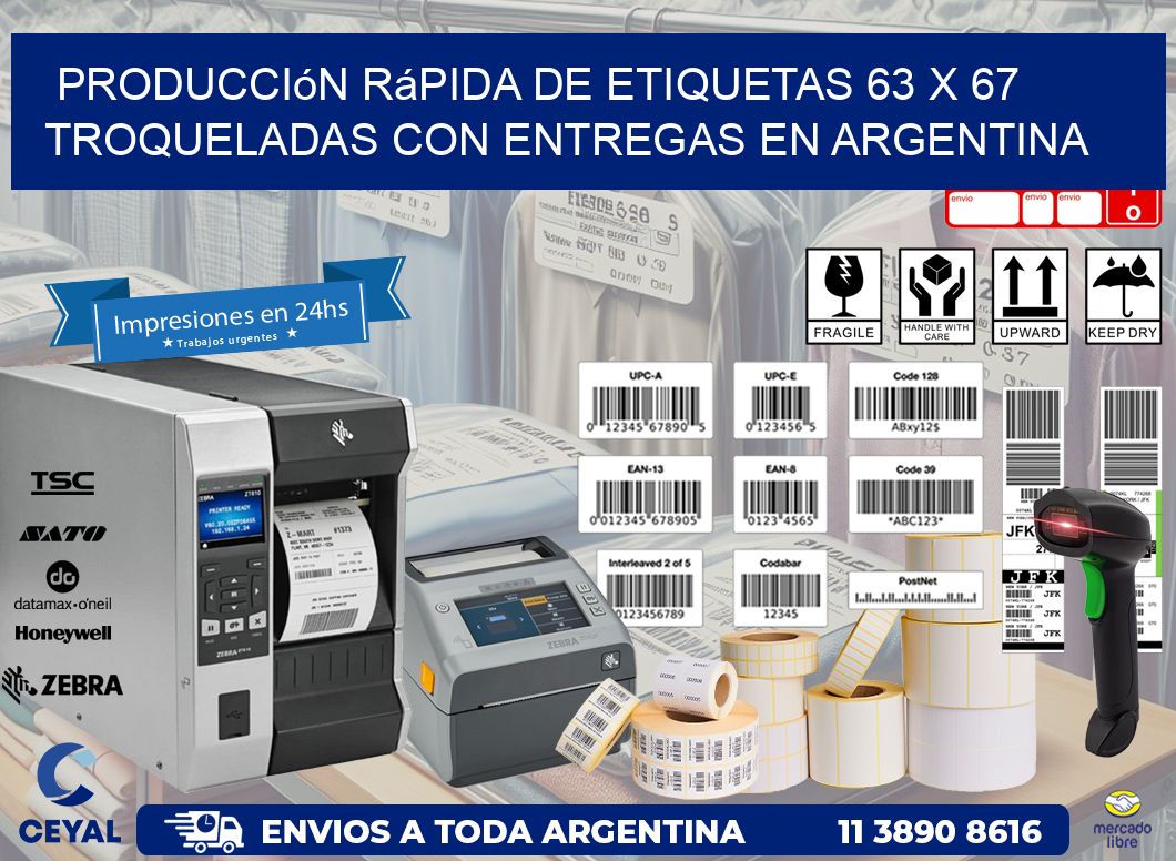 Producción rápida de etiquetas 63 x 67 troqueladas con entregas en Argentina