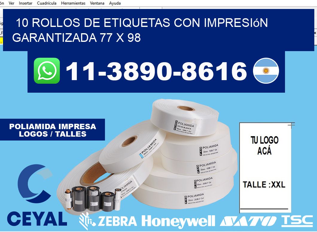 10 rollos de etiquetas con impresión garantizada 77 x 98