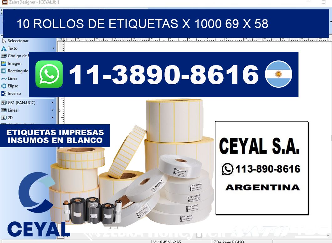 10 rollos de etiquetas x 1000 69 x 58